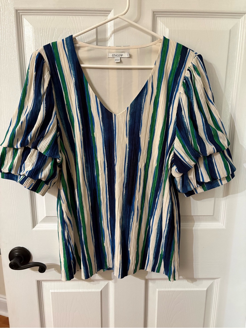Chico's Vertical Stripe V-Neck Puff Sleeve Top in Blue, Green & Cream